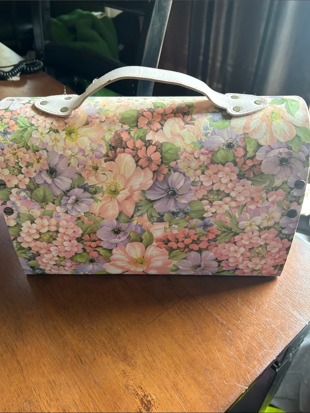 Floral Pink & Purple Decorative Storage Box with White Handle